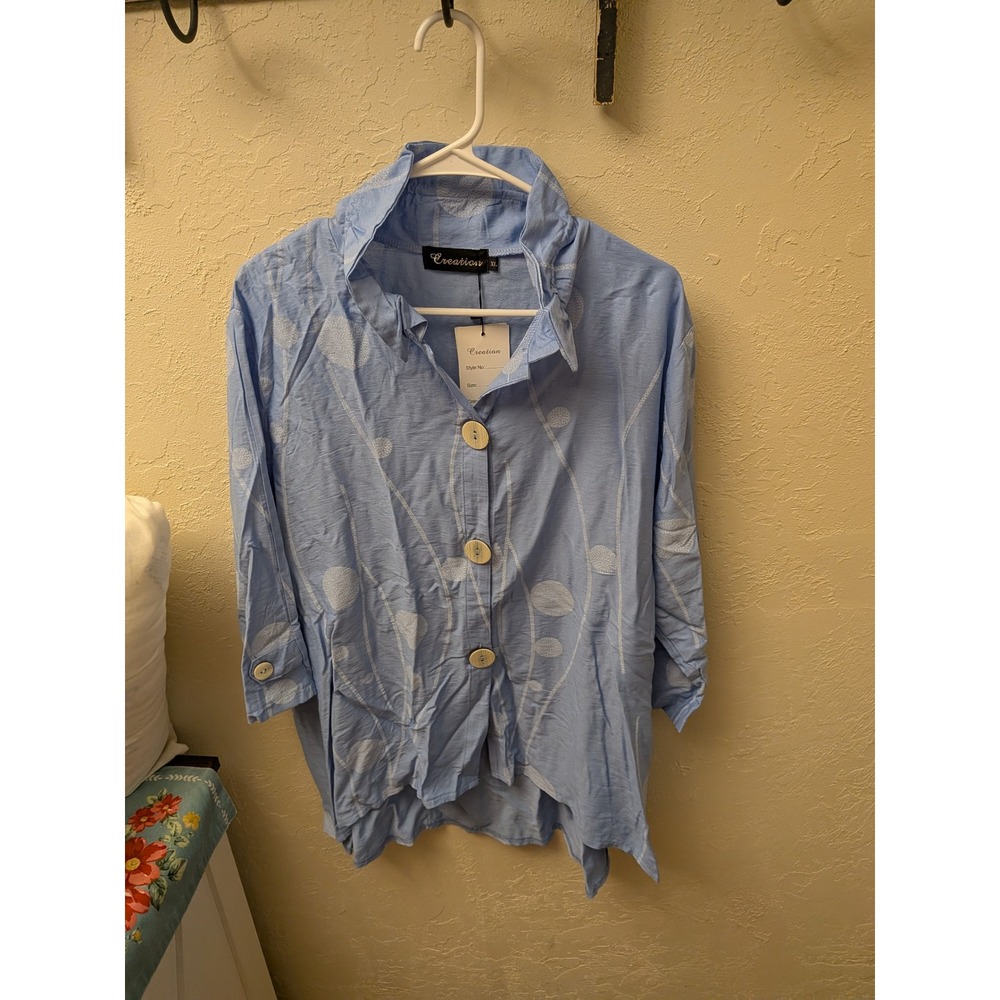 Creation XL Sky Blue Dandelion Print Button Down Ruffle Collar Shirt AT727